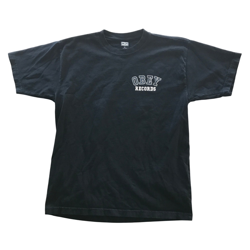Obey Records Graphic T-Shirt Mens Medium Black Short Sleeve Streetwear Tee